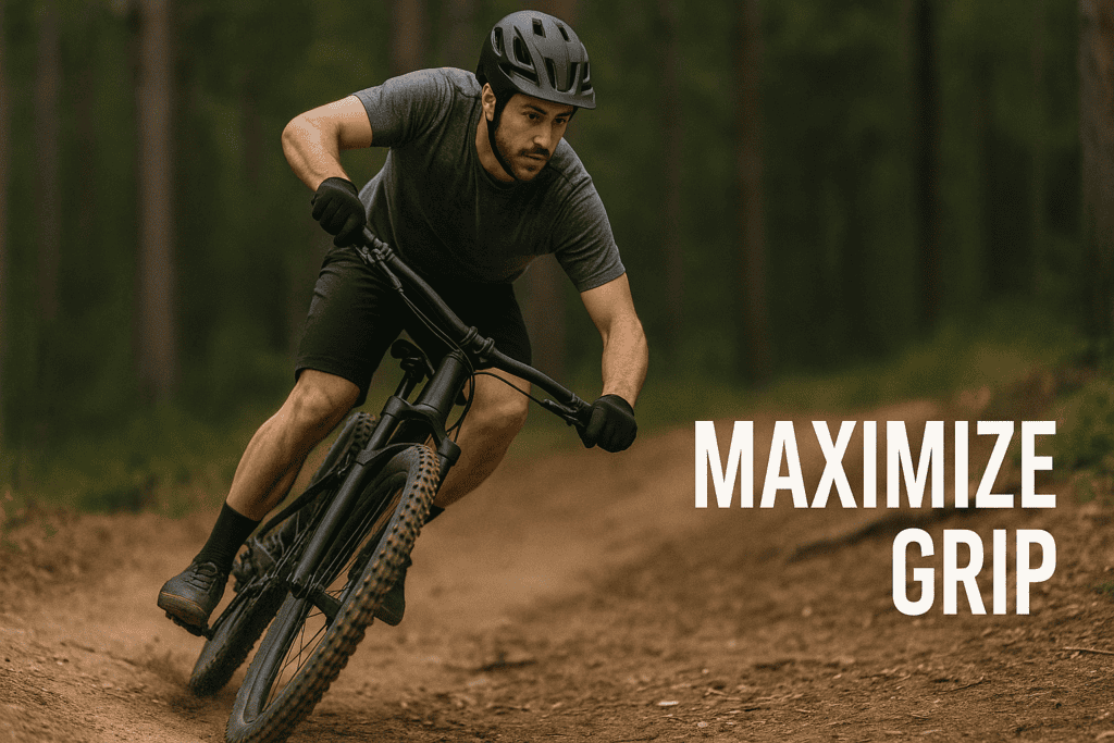 High-performance mountain biking, cyclist navigating forest trail, maximizing grip on rugged terrain, wearing helmet and gloves for safety and control.