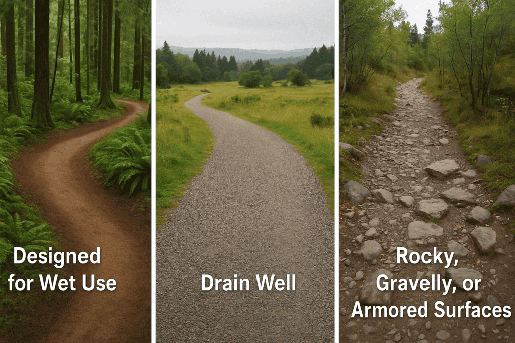 Dirt trail winding through a lush green forest, designed for wet use, eco-friendly outdoor path.