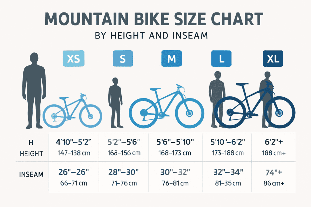 Mountain bike sizing chart comparing height and inseam